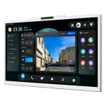 A large 15.6-inch monitor made by Akuvox for viewing an intercom. On the monitor are a bunch of apps and features such as call history, music, notifications, and settings.
