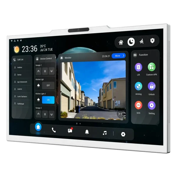A large 15.6-inch monitor made by Akuvox for viewing an intercom. On the monitor are a bunch of apps and features such as call history, music, notifications, and settings.