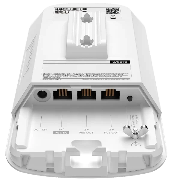 The bottom of Lysora's CPE3-P wireless bridge, with a 12V DC input on the left, followed by a PoE input and two PoE outputs to the right. There's also a wireless pairing button at the far right.