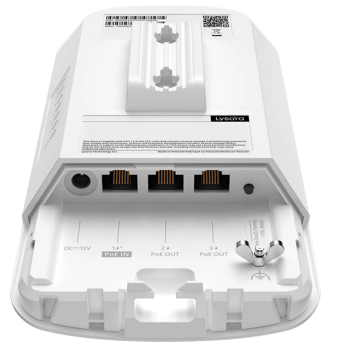 The bottom of Lysora's CPE3-P wireless bridge, with a 12V DC input on the left, followed by a PoE input and two PoE outputs to the right. There's also a wireless pairing button at the far right.