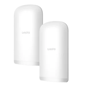 A pair of white cylindrical-shaped wireless bridges with the Lysora Tech logo in the centre