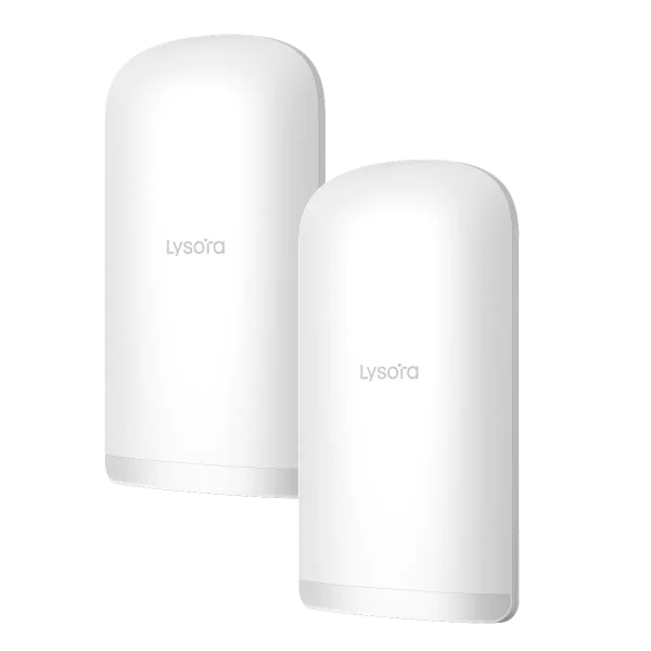 A pair of white cylindrical-shaped wireless bridges with the Lysora Tech logo in the centre