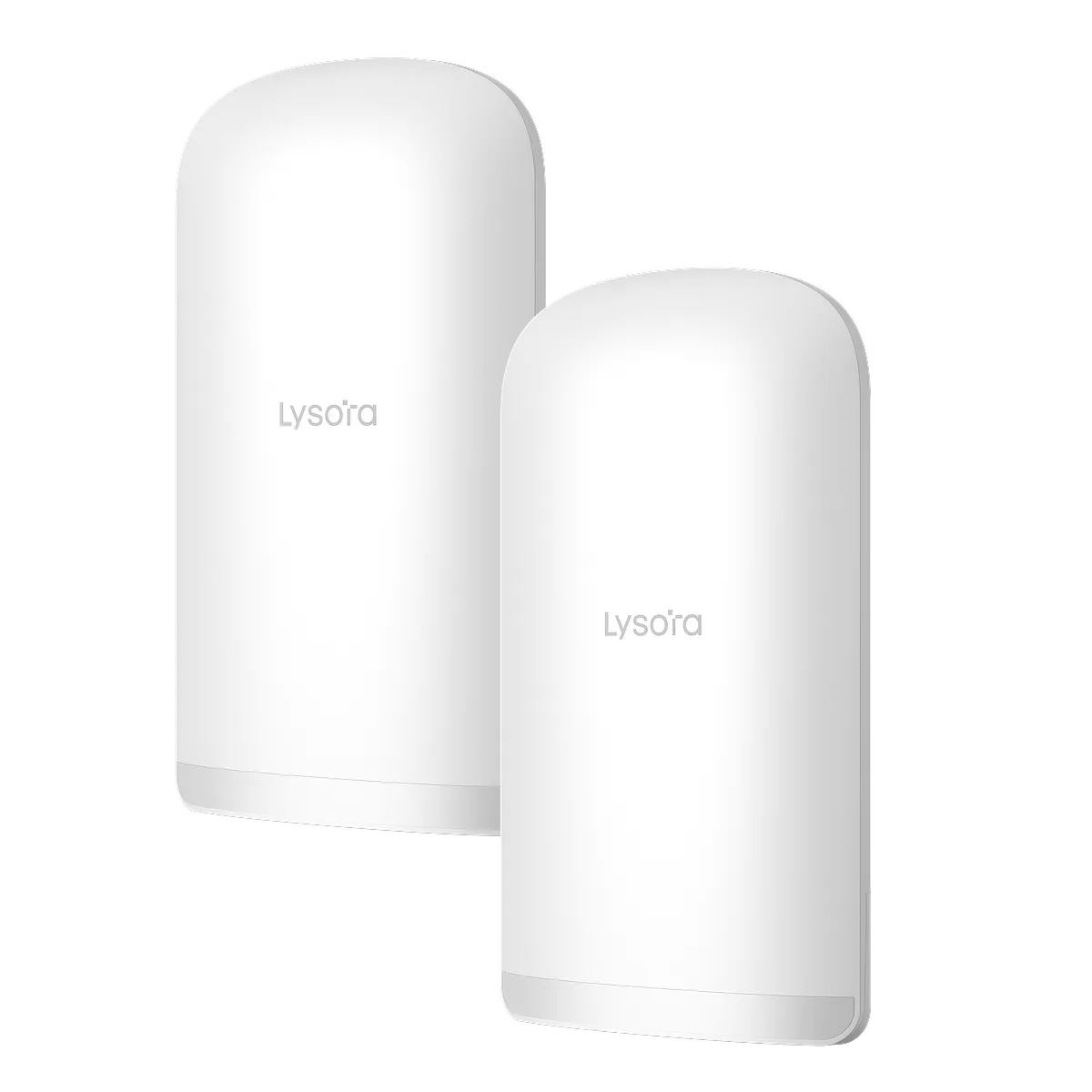 A pair of white cylindrical-shaped wireless bridges with the Lysora Tech logo in the centre