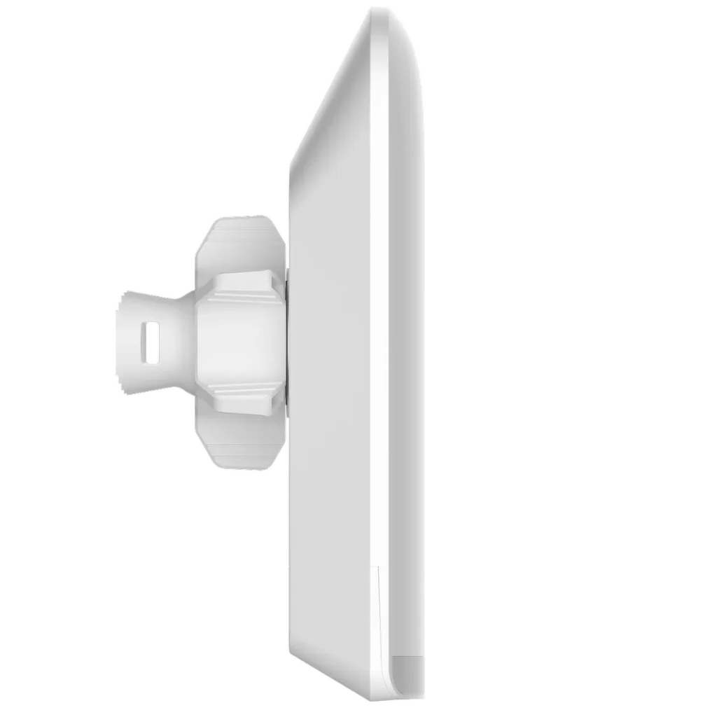 A side view of a Lysora CPE5 wireless bridge, showing the cross-shaped mounting bracket protruding from its slim housing.