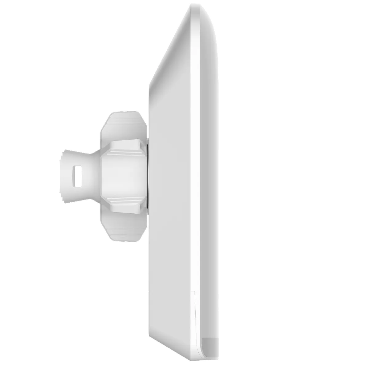 A side view of a Lysora CPE5 wireless bridge, showing the cross-shaped mounting bracket protruding from its slim housing.
