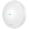 A circular shaped wireless access point made from white plastic with a small blue LED in the centre and a Lysora logo near the bottom