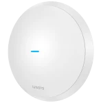 A circular shaped wireless access point made from white plastic with a small blue LED in the centre and a Lysora logo near the bottom
