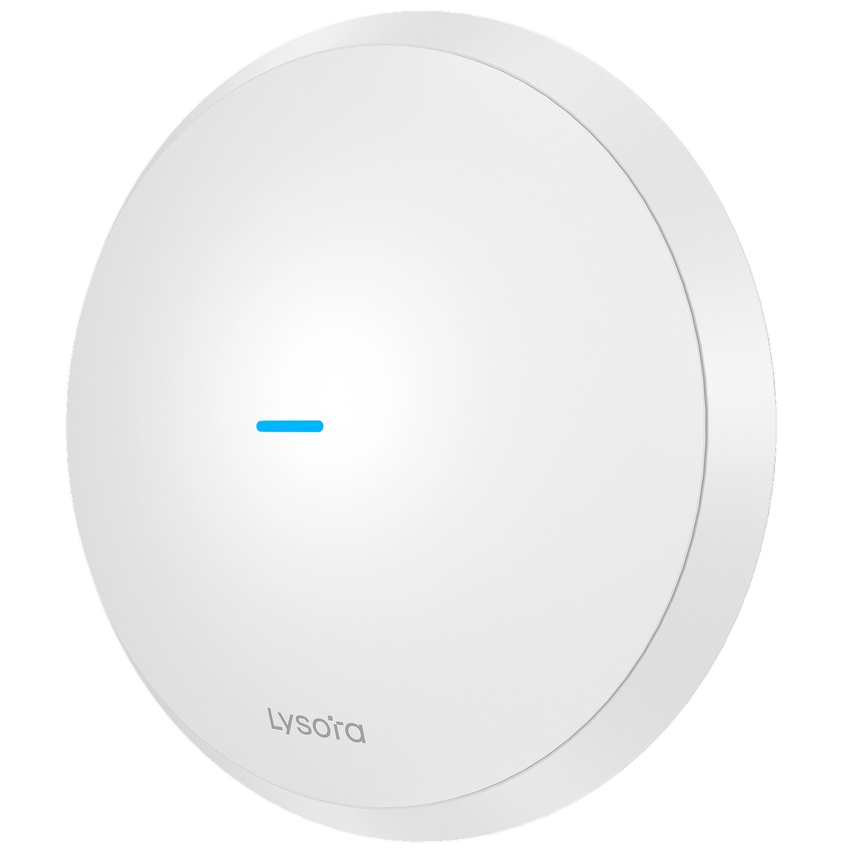 A circular shaped wireless access point made from white plastic with a small blue LED in the centre and a Lysora logo near the bottom