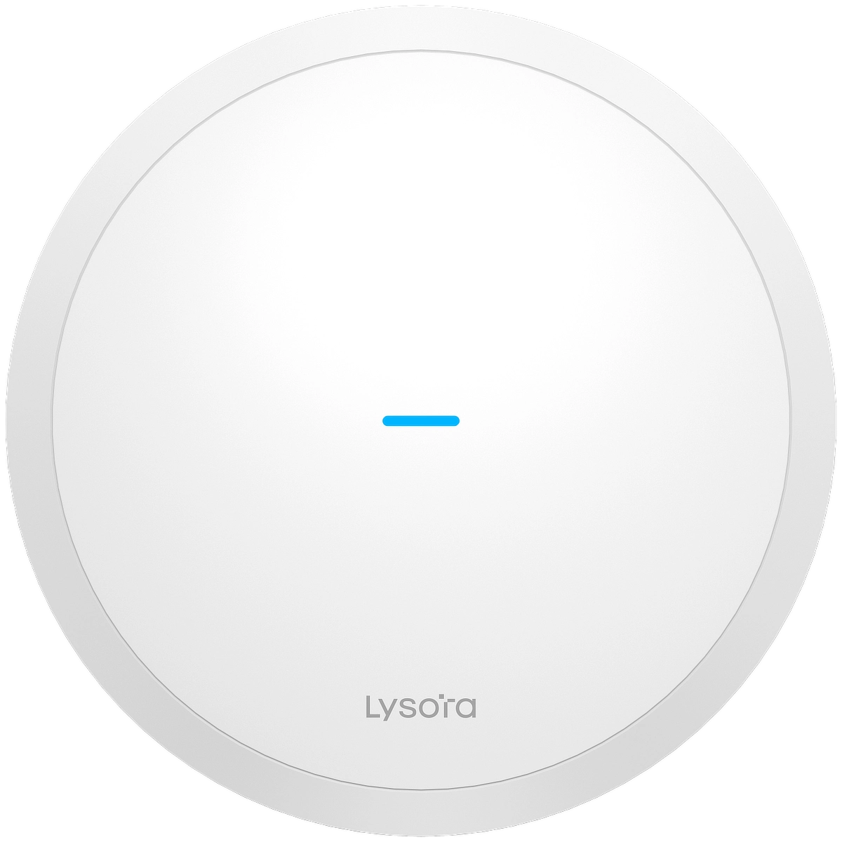 A wireless access point made by Lysora, that looks like a white circle with a blue LED light in the middle.