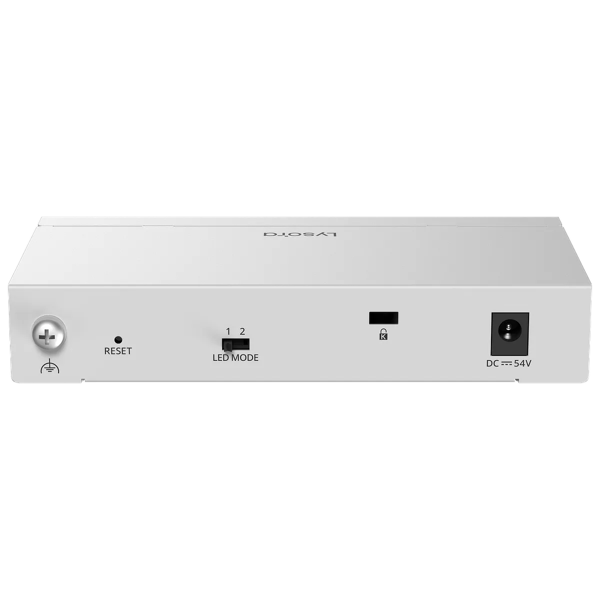 The back of Lysora's LCS-4GS-P managed PoE switch, with a security lock slot and reset button on the left, an LED mode switch in the centre, and the DC power input on the right.
