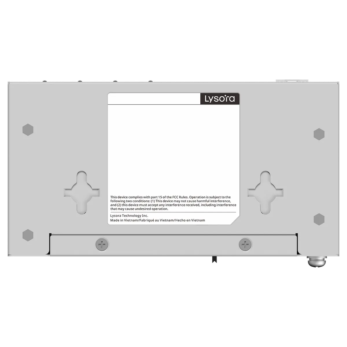 The underside of Lysora's LCS-4GS-P managed PoE switch, showing mounting holes, rubber feet, and a regulatory label with the Lysora logo.