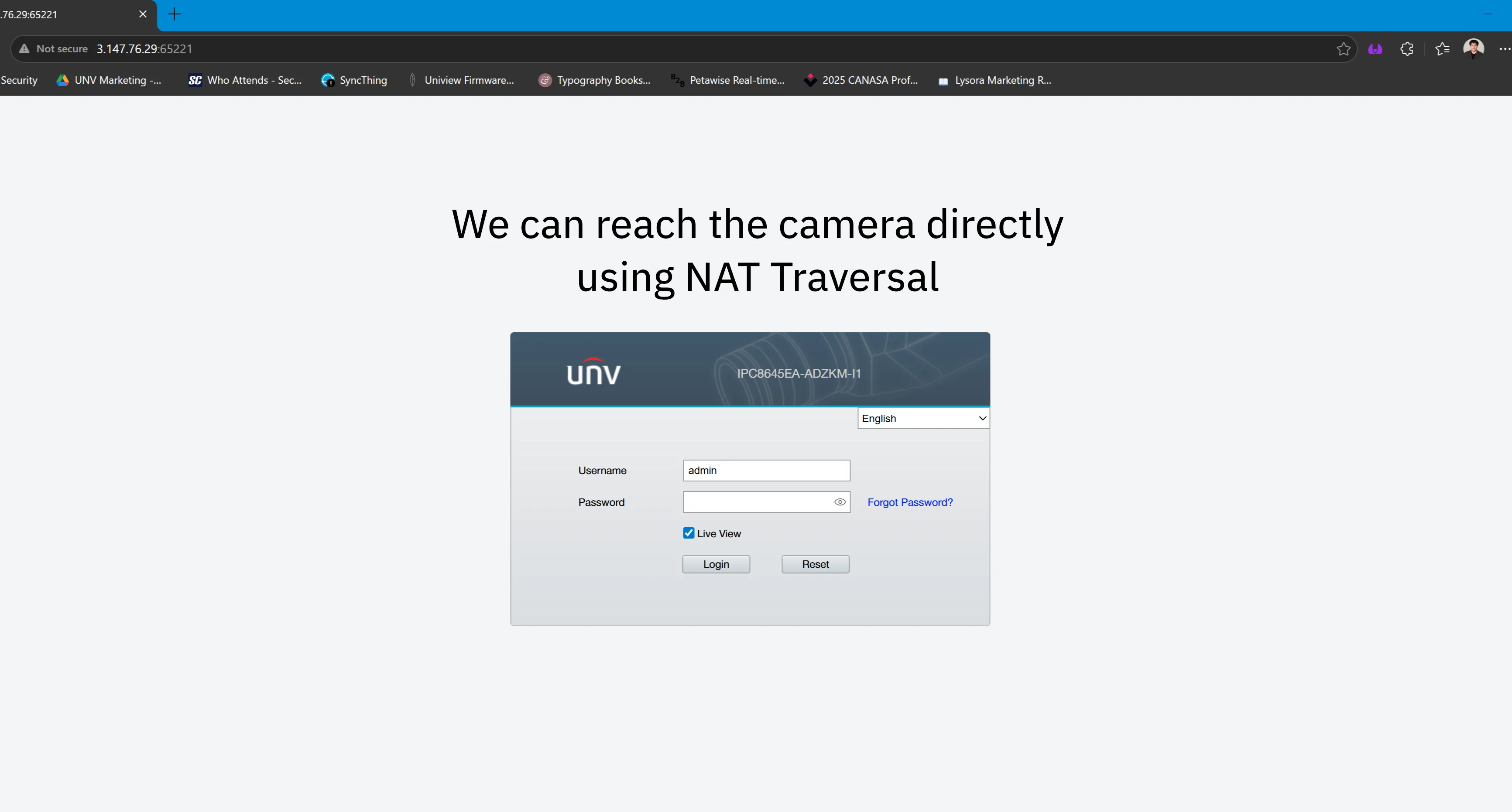 The web interface of a Uniview security camera, accessed using the NAT Traversal feature on a Lysora Router