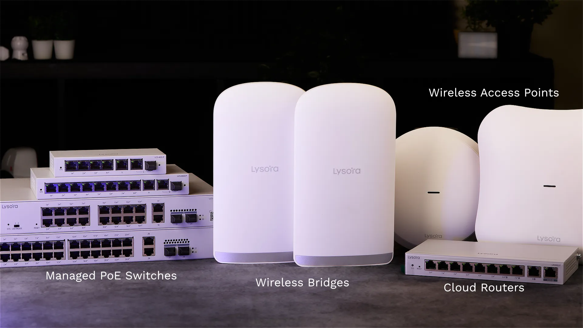 A collection of different networking devices made by Lysora Technology on a table, with labels for each product type.
