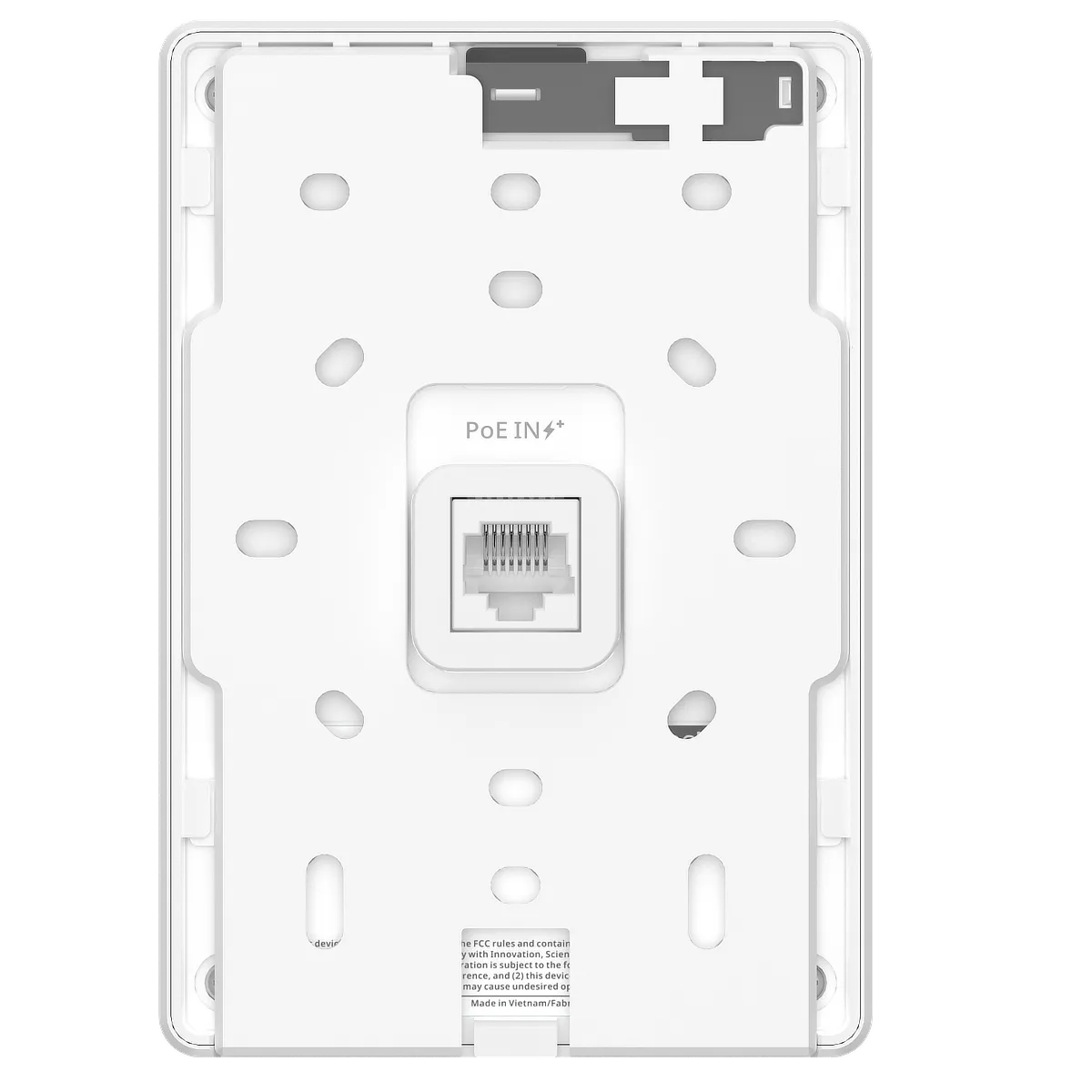 The back mounting plate of a Lysora L7-W in-wall Wi-Fi 7 AP, showing screw holes, a central PoE input port, and cutouts for wall-box installation.