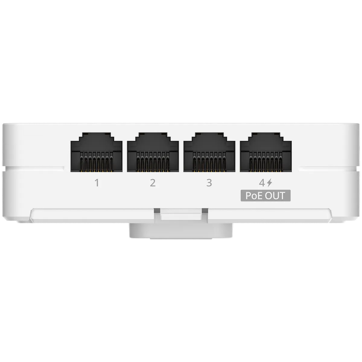 The port panel on a Lysora L7-W in-wall Wi-Fi 7 AP, showing four labeled Ethernet ports, with the fourth marked for PoE output.