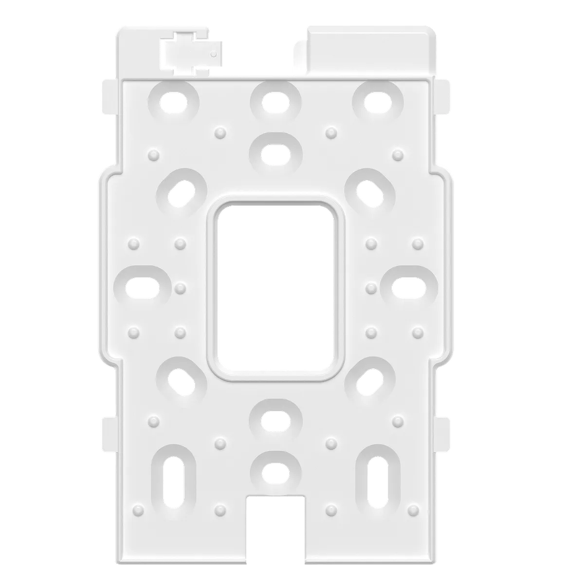 A white in-wall mounting bracket for the Lysora L7-W, with cutouts for wiring and screw holes around the edge.