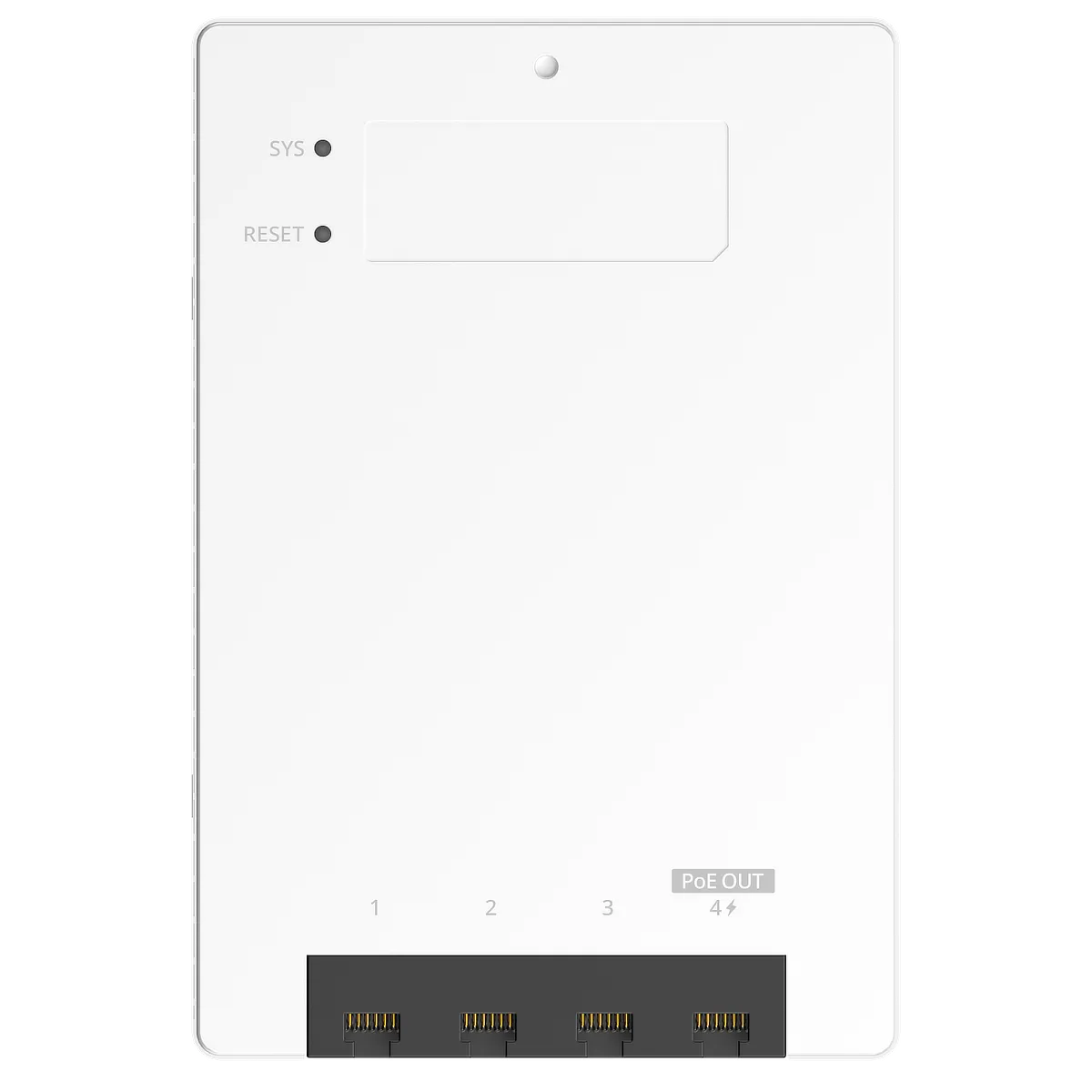 A Lysora L7-W in-wall Wi-Fi 7 AP with its port cover removed, showing a status LED, a reset button, and four labeled Ethernet ports below.