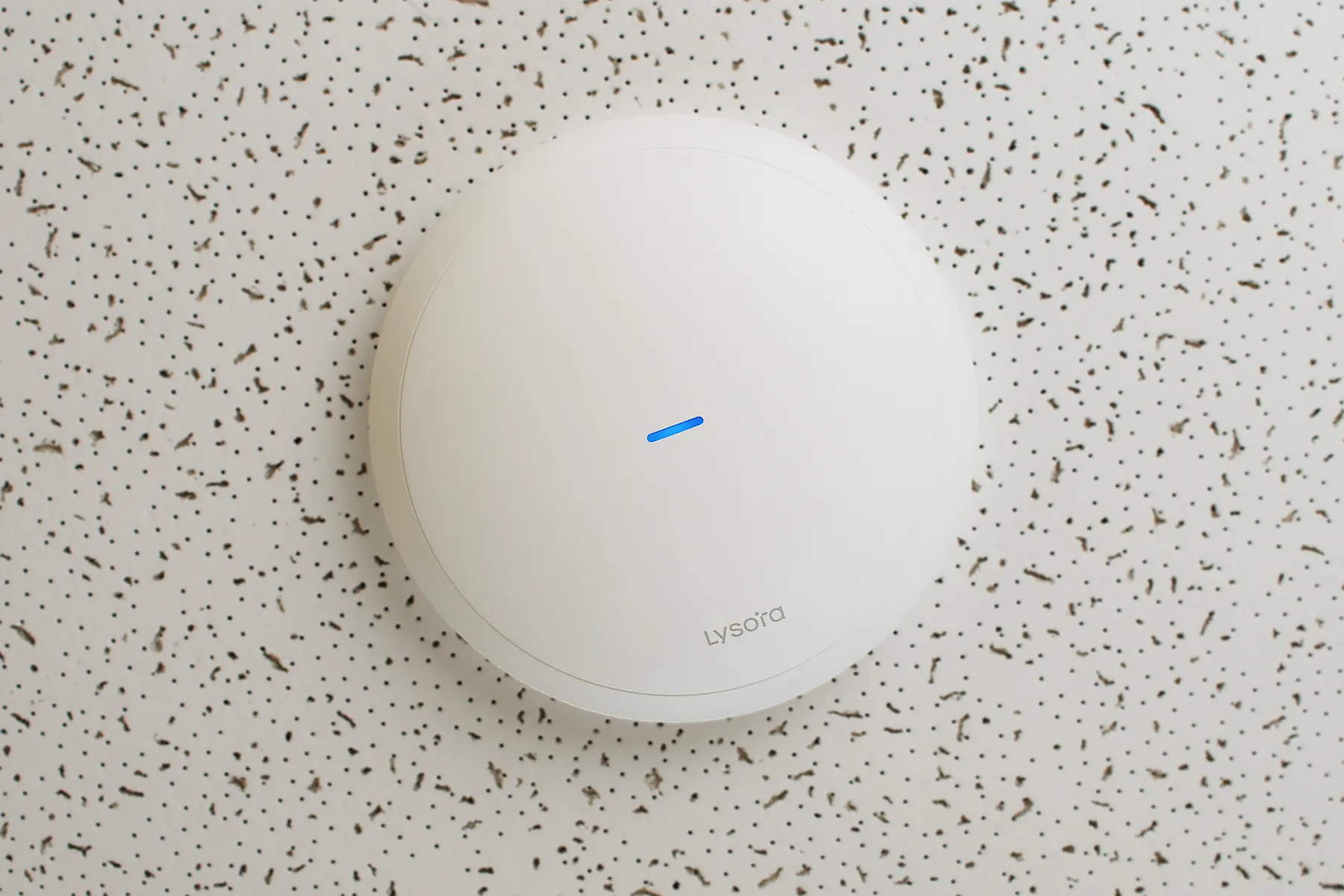 A ceiling-mounted wireless access point on a drop ceiling, with the Lysora logo in the center