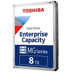 An 8TB hard drive with the red Toshiba logo on from front