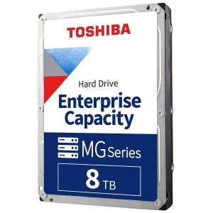 An 8TB hard drive with the red Toshiba logo on from front