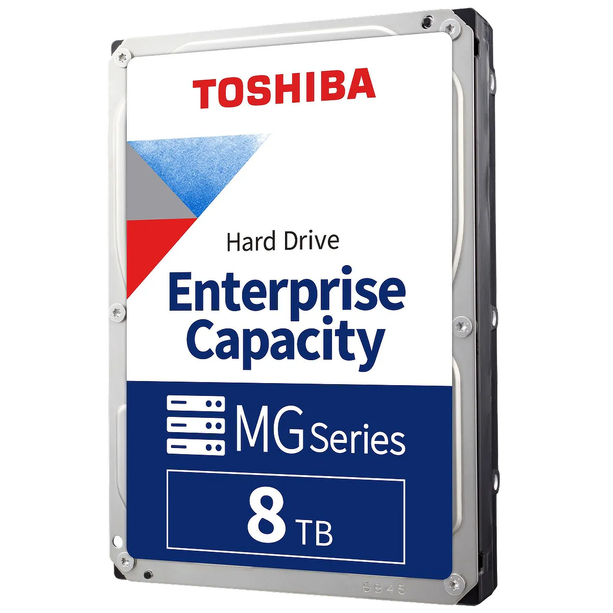 An 8TB hard drive with the red Toshiba logo on from front