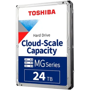 A 24TB hard drive with the red Toshiba logo on from front