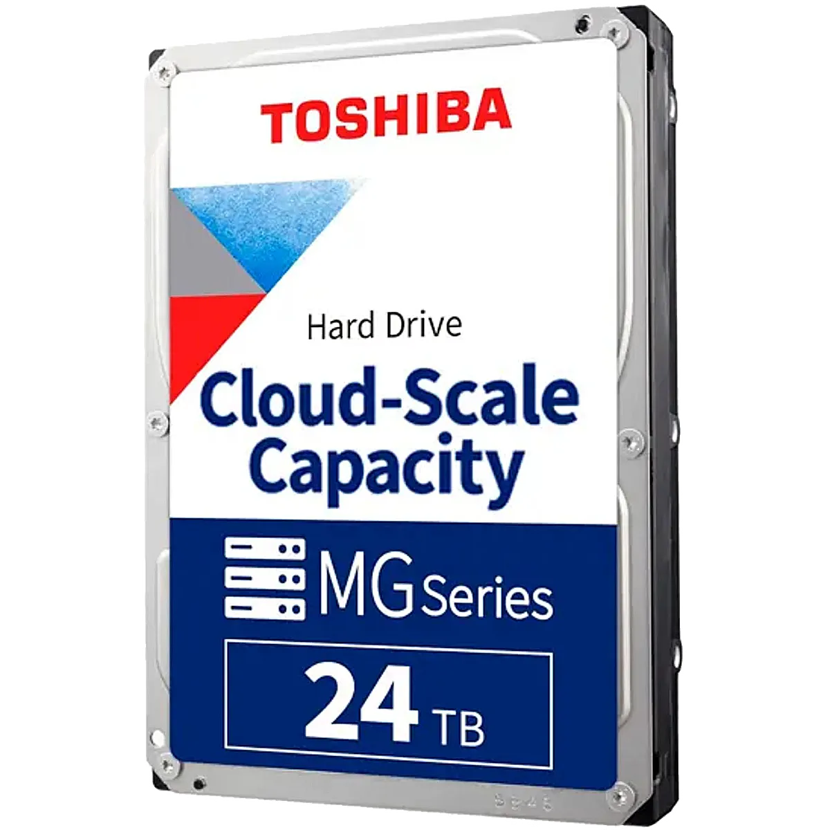 A 24TB hard drive with the red Toshiba logo on from front