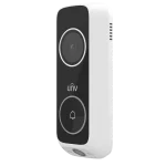 White Uniview Doorbell camera with a push button and a camera on the front