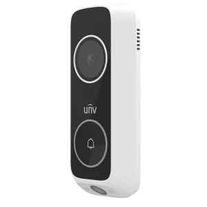 White Uniview Doorbell camera with a push button and a camera on the front
