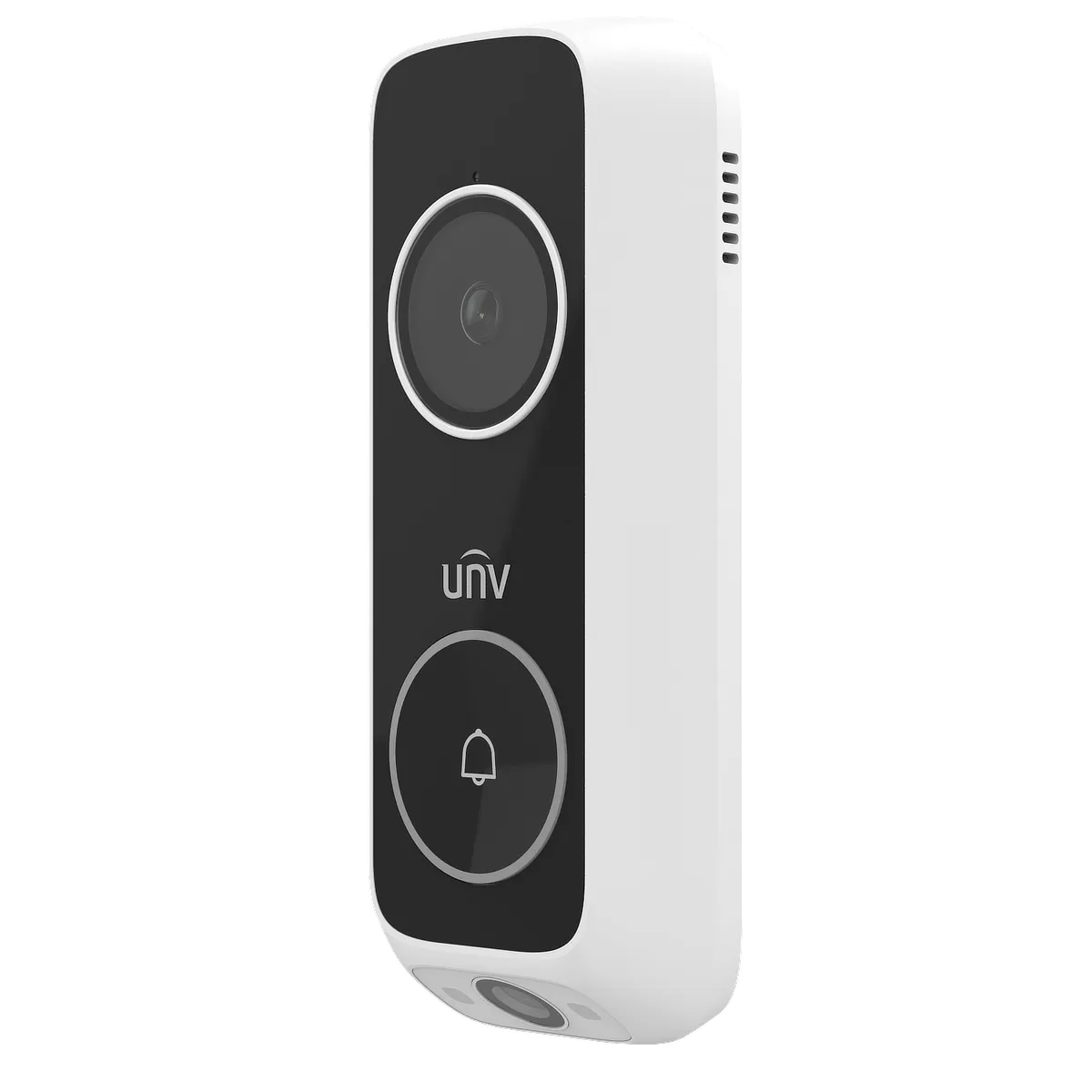 White Uniview Doorbell camera with a push button and a camera on the front