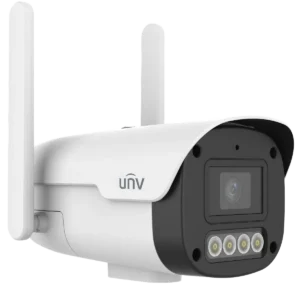 A Uniview security camera with two large antennas pointing upwards for 4G signal connectivity