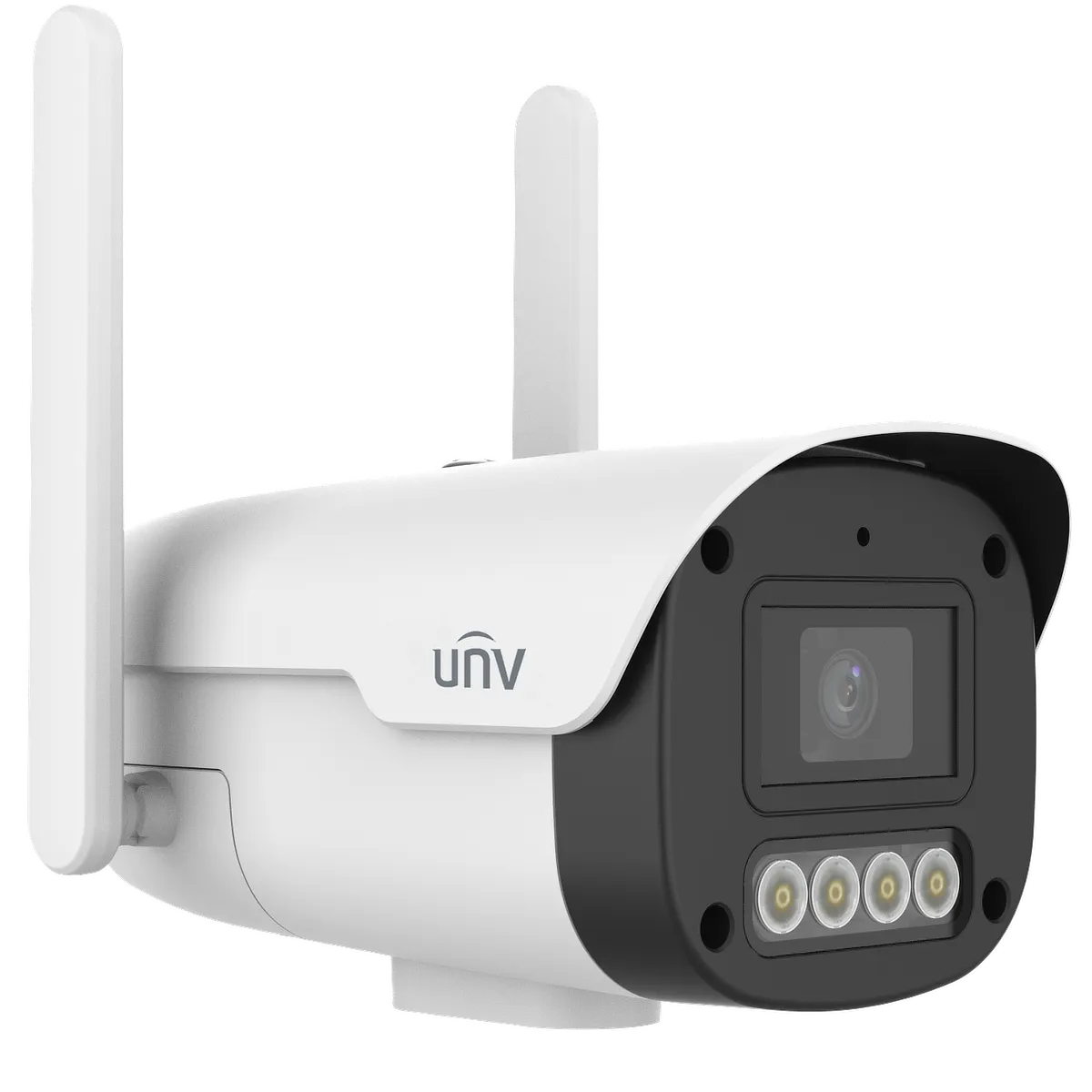 A Uniview security camera with two large antennas pointing upwards for 4G signal connectivity