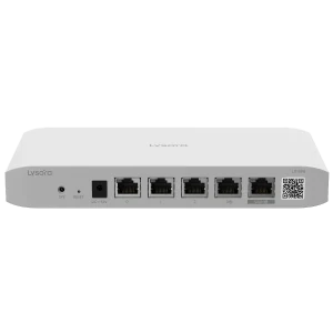 The front of Lysora's LR100G cloud-managed router with four LAN ports and a single WAN port, along with a 12 volt DC input using a barrel connector