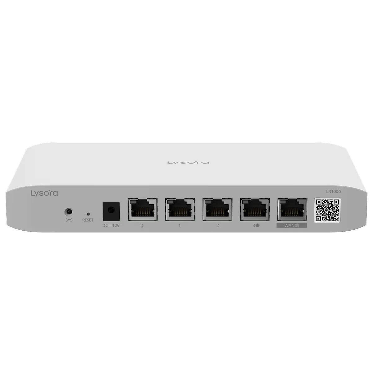The front of Lysora's LR100G cloud-managed router with four LAN ports and a single WAN port, along with a 12 volt DC input using a barrel connector