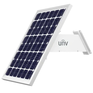 A solar panel made by Uniview with an angled bracket, designed for mounting on a wall