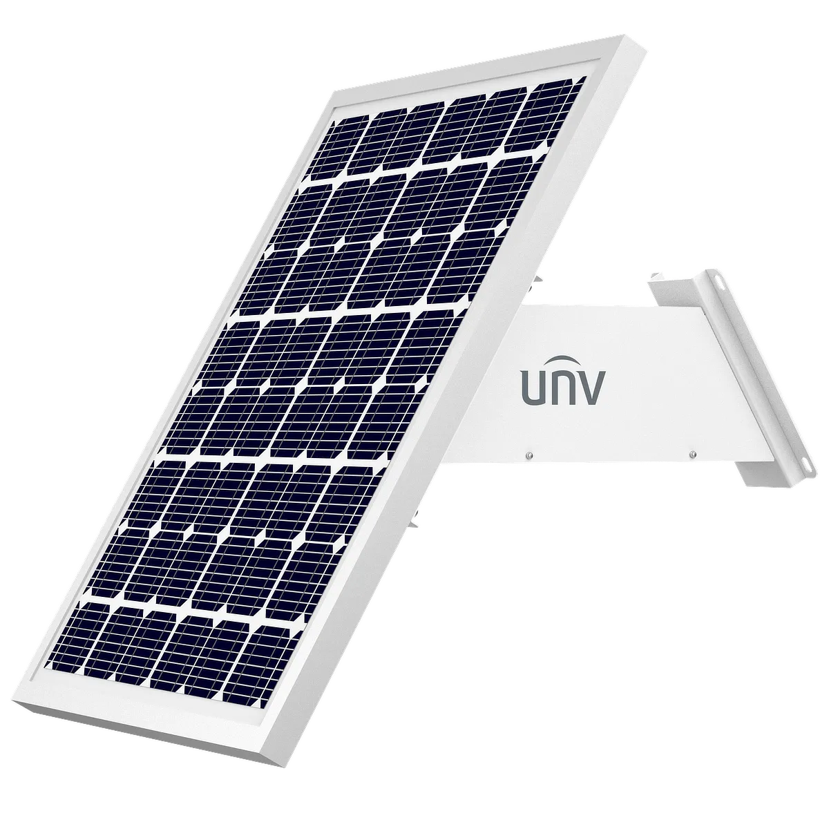A solar panel made by Uniview with an angled bracket, designed for mounting on a wall