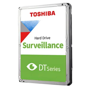 A Toshiba hard drive with the text DT Series on the front, along with a green coloured label.
