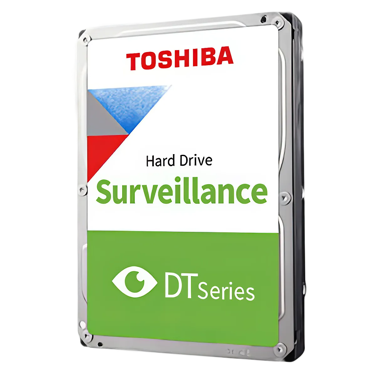 A Toshiba hard drive with the text DT Series on the front, along with a green coloured label.