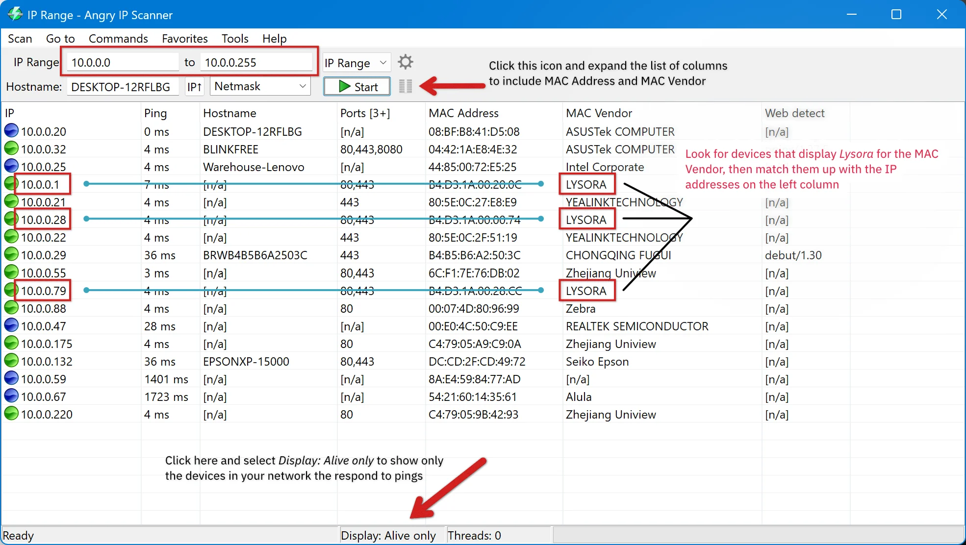 A screenshot of the Angry IP Scanner tool, displaying a network scan for various devices in the 10.0.0.1 subnet