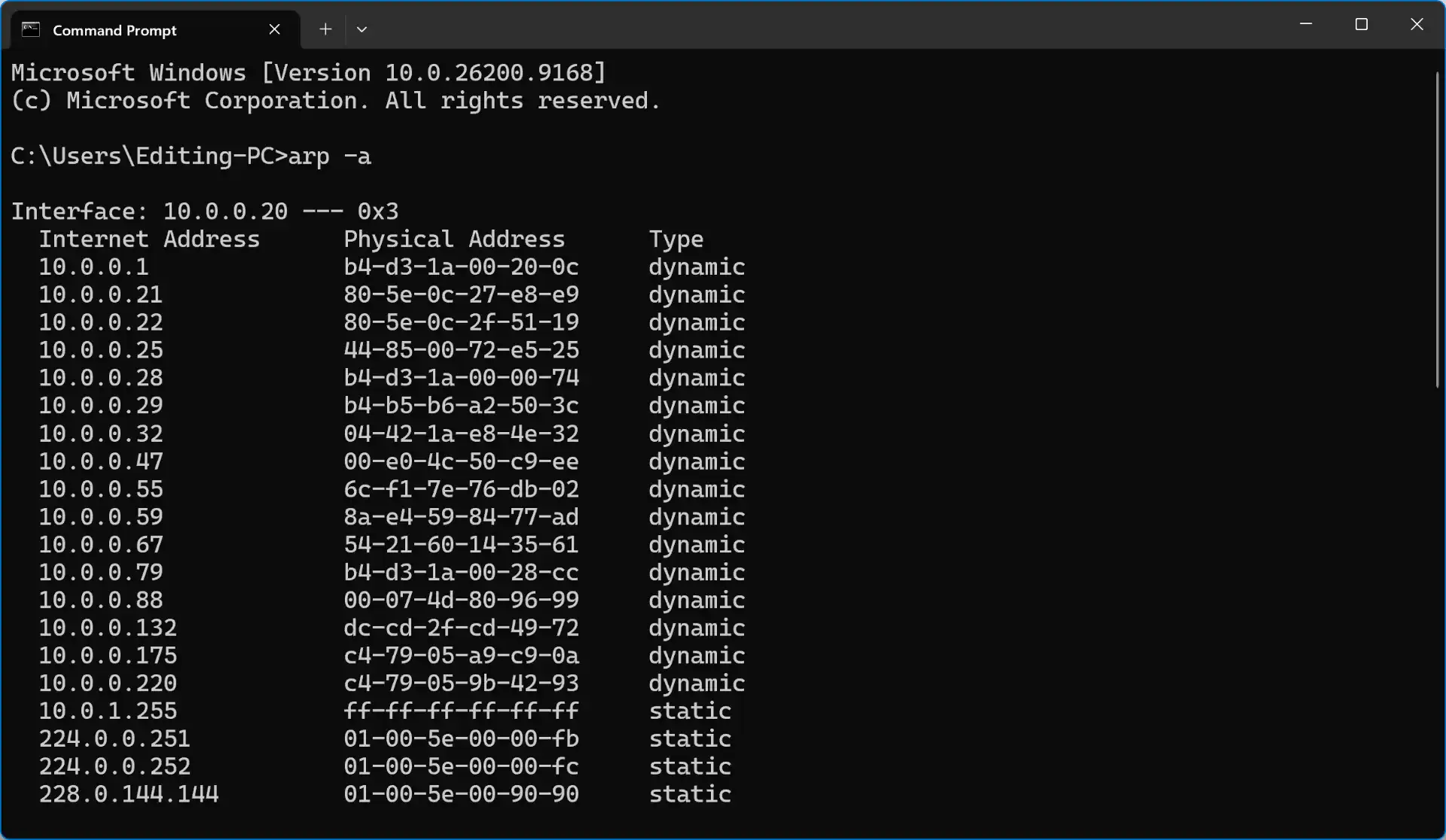 A command prompt showing the results of a recently run arp -a command, with a list of IP addresses along with the MAC addresses