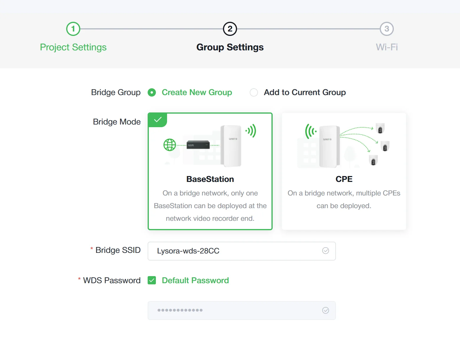 The web interface of a Lysora wireless bridge, with a selection box that lets you choose between BaseStation and CPE mode.