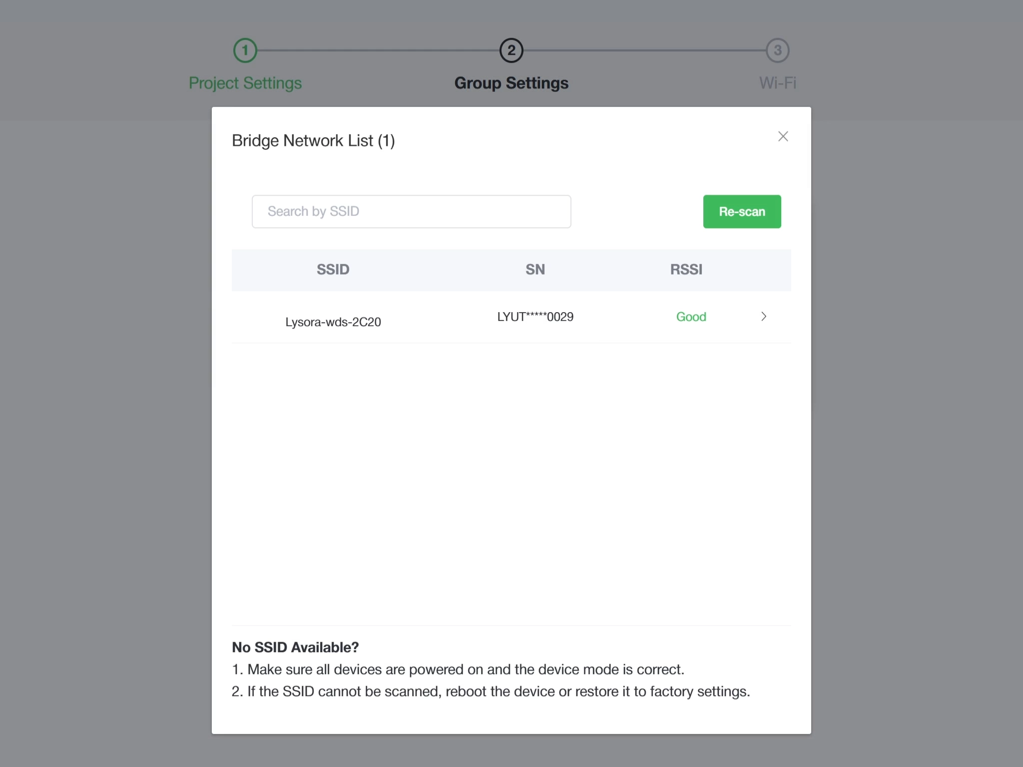 The web interface of a Lysora wireless bridge, showing the Bridge Network List with headings for SSID, serial number, and RSSI (received signal strength indicator).