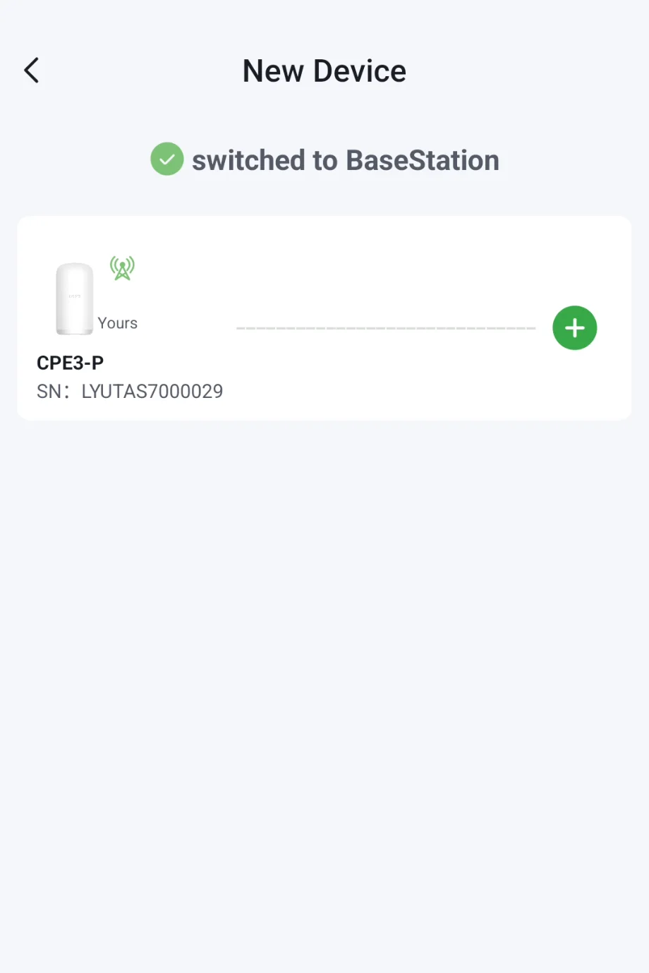 A screenshot of the Lysora Cloud app, which shows that a device has been successfully set as a BaseStation.