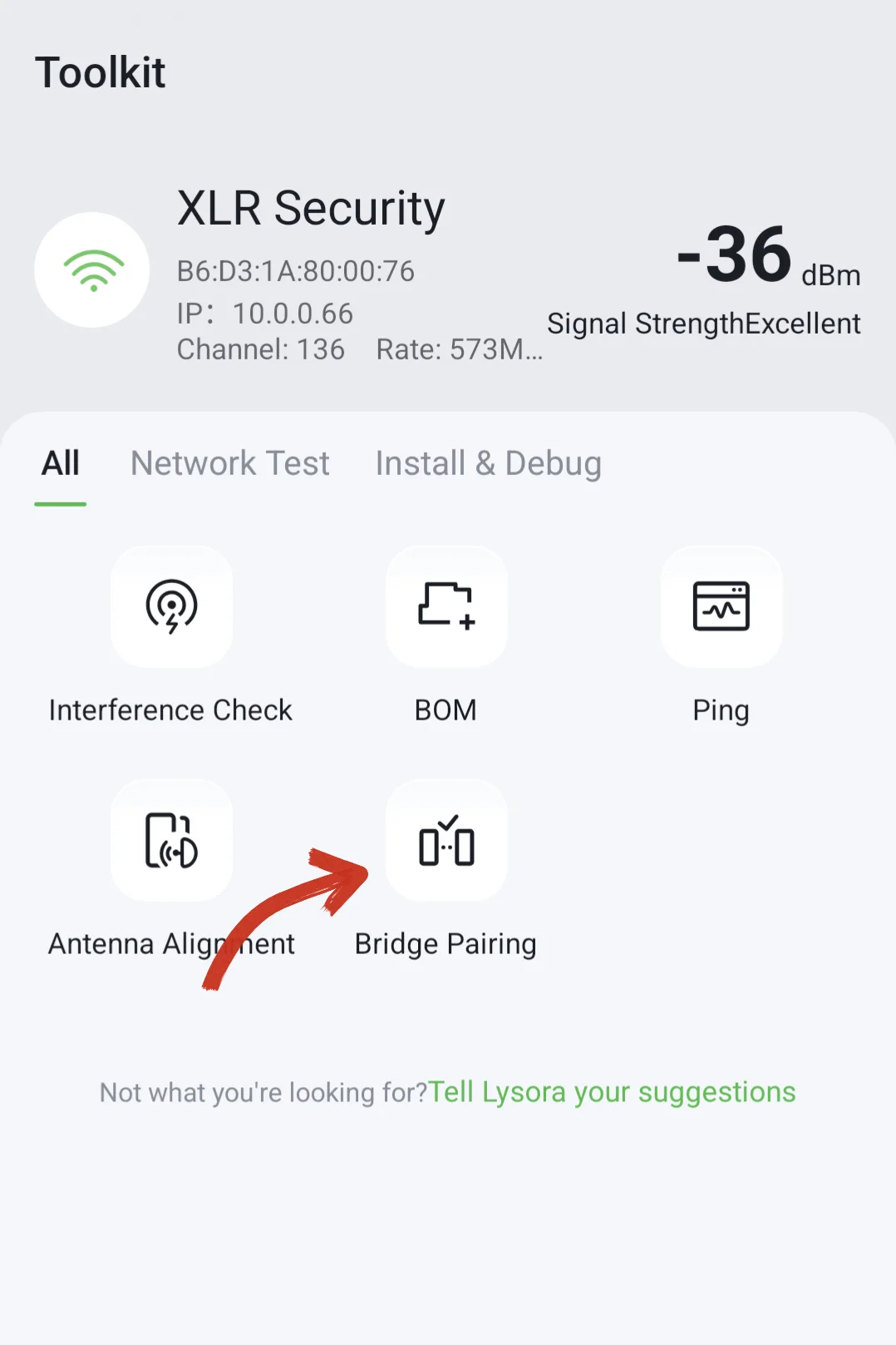 A screenshot of the Lysora Cloud app showing the toolkit menu, which includes options such as Antenna Alignment and Bride Pairing.