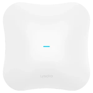 A wireless access point made by Lysora, with a square white body, Lysora logo at the bottom, and a blue LED in a center.