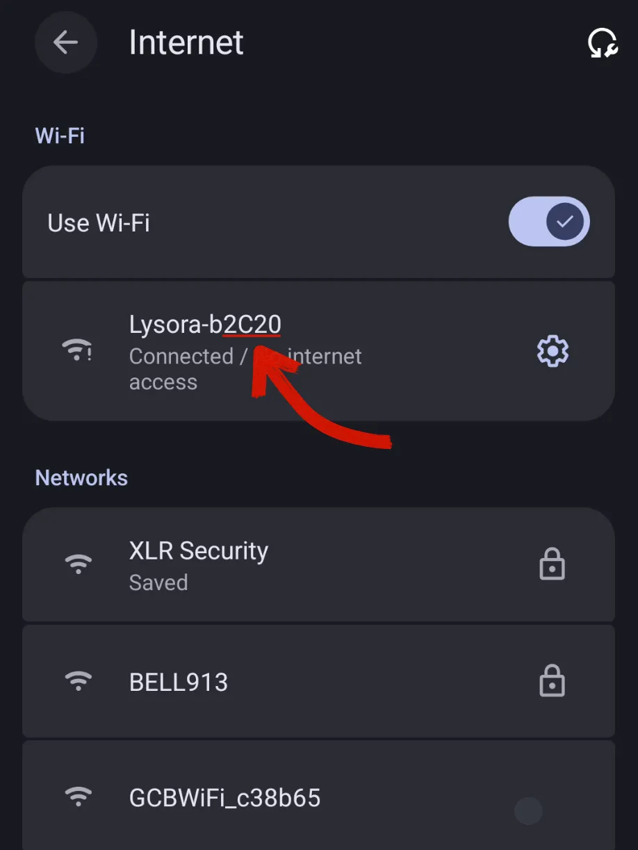A screenshot taken from an Android phone showing the Wi-Fi settings with the user connected to Lysora-b2C20.