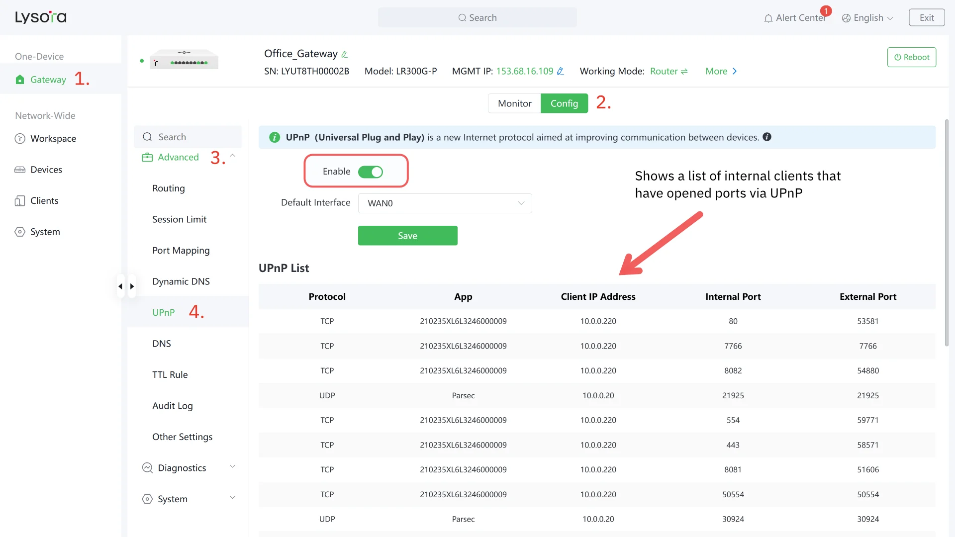 A screenshot of the Lysora router settings page, with the list of UPnP clients and IP addresses shown under the UPnP settings page.