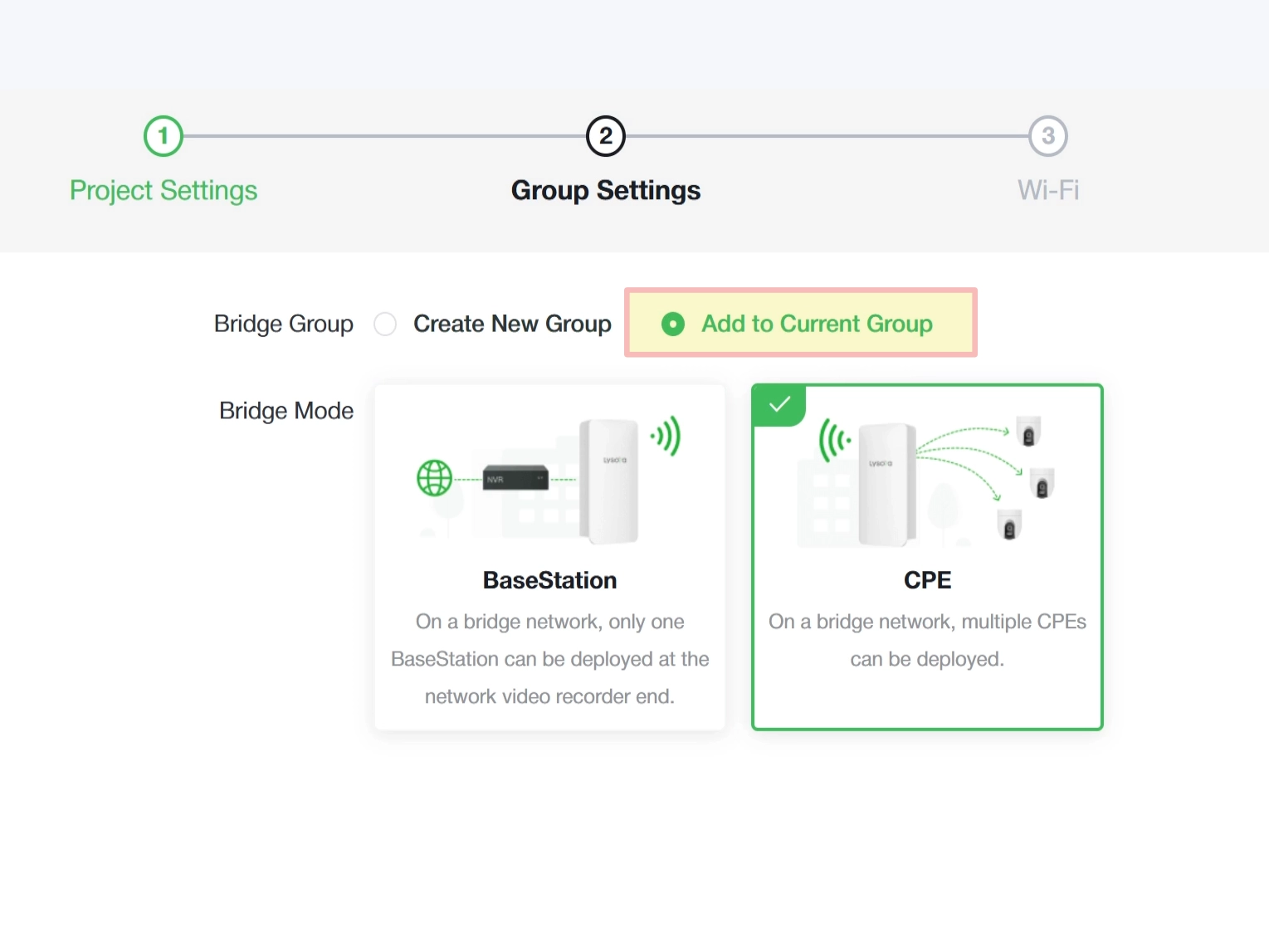 The web interface of Lysora's wireless bridge, showing the settings for manually pairing a transmitter to a receiver.