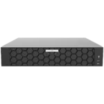 A Uniview 32ch NVR with a black, honeycomb patterned front grille. There is a power button and two USB ports along the right side of the front panel, along with a white label with the UNV logo in the centre.