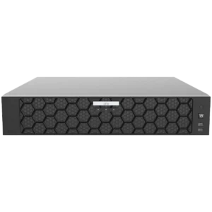 A Uniview 32ch NVR with a black, honeycomb patterned front grille. There is a power button and two USB ports along the right side of the front panel, along with a white label with the UNV logo in the centre.